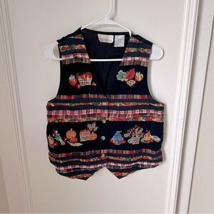 Vintage Patchwork Autumn Button Vest Medium M Apples Pumpkins Fall